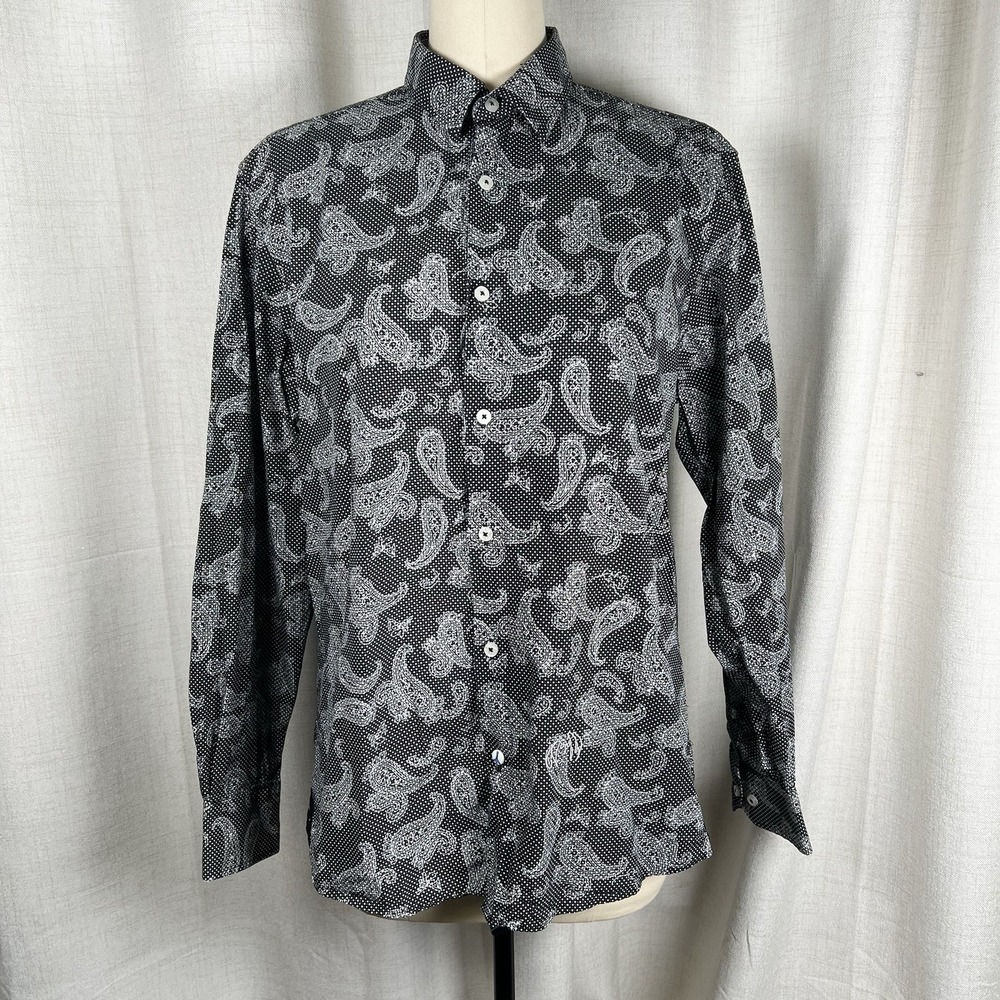 John Lennon Long Sleeve Button Up Shirt Paisley Black White Men's Large Cotton
